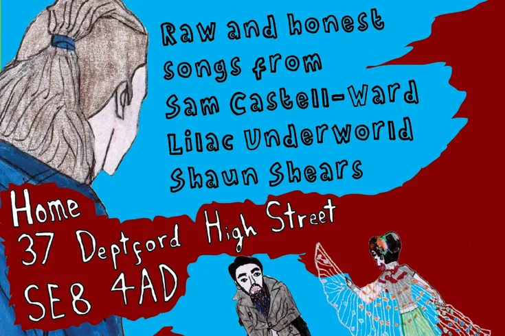 A poster for a gig. There is a big drawing of a man with a ponytail on a blue and red background and two smaller drawings of a man in a wheelchair and a woman with wings. There is also text.