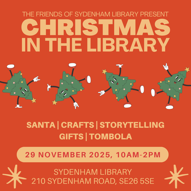 dancing christmas trees on a red background with the event details in light lettering