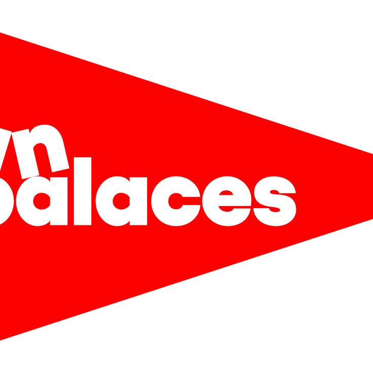 Fun Palaces logo with fun palaces in white text in a red triangle