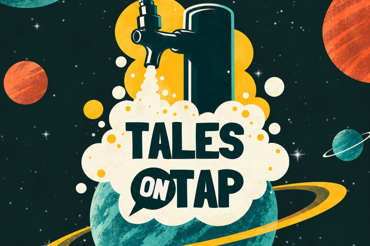 event title with beer tap on a blue planet on celestial background