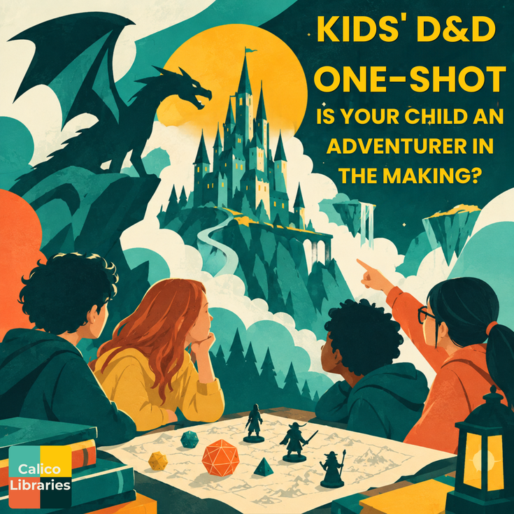 children sitting around a gaming table looking at a castle and dragon in the background