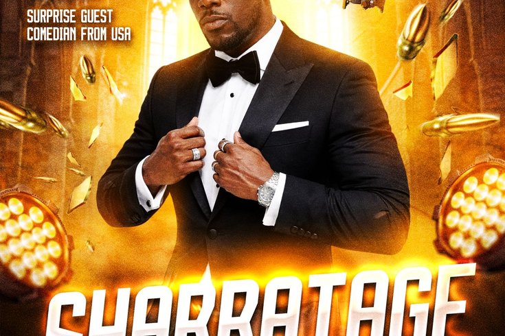 Poster for "Shabbatage Part 1" comedy show featuring Shabba Kariem, with event details, guest names, and a suited man pointing, set against an action-themed background.