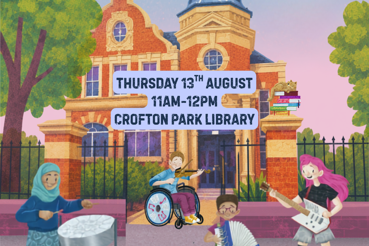 Rain Rhythms title and details on a poster with Summer Reading Challenge characters playing instruments in front of a drawing of Crofton Park Library