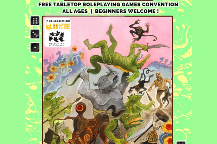 A scene of fantasy adventure with monsters and magical creatures with event title and details on green background
