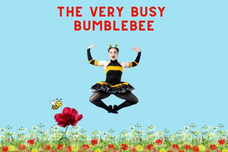 Ballet Dancer jumping in the air, dressed in a black and yellow leotard with tutu. With a garden on flowers as a backdrop