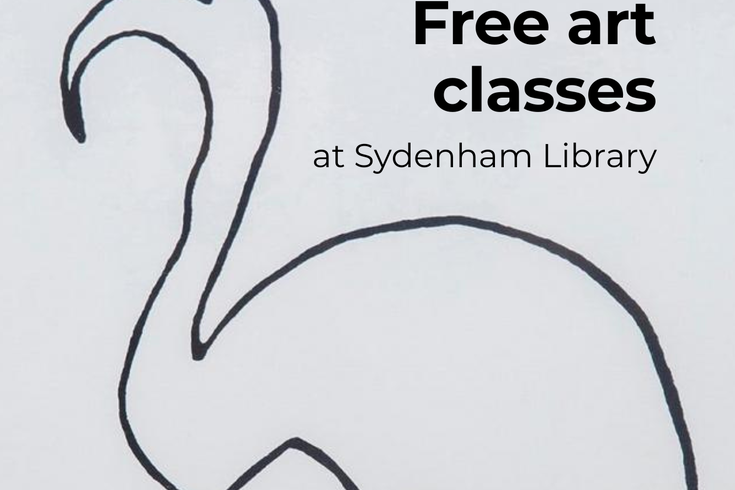 A line drawing of a flamingo with the title Free Art Classes at Sydenham Library