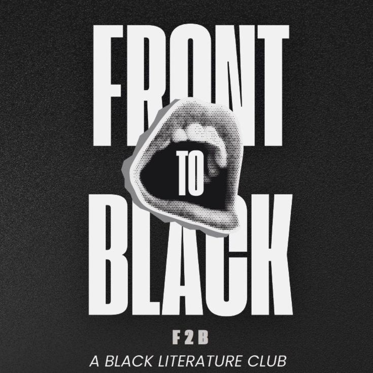 White text on a black background stating Front to Black with a graphic of an open mouth in greyscale